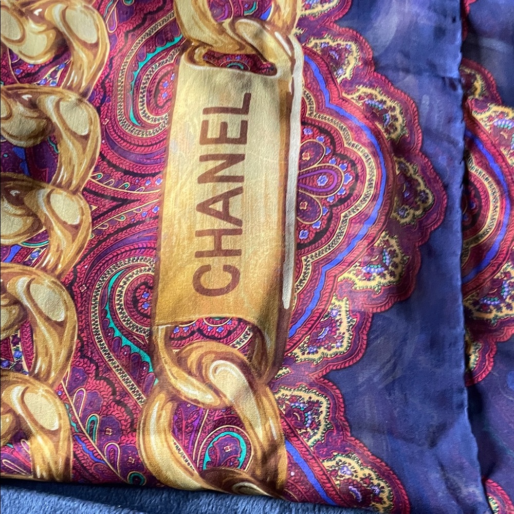 Chanel Silk Scarf with Gold Chain and Paisley Design 50x50